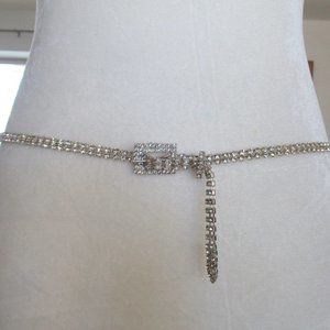 VTG Clear Crystal Rhinestone Slim Thin Belt, Silver tone metal Mint Sz XS/S